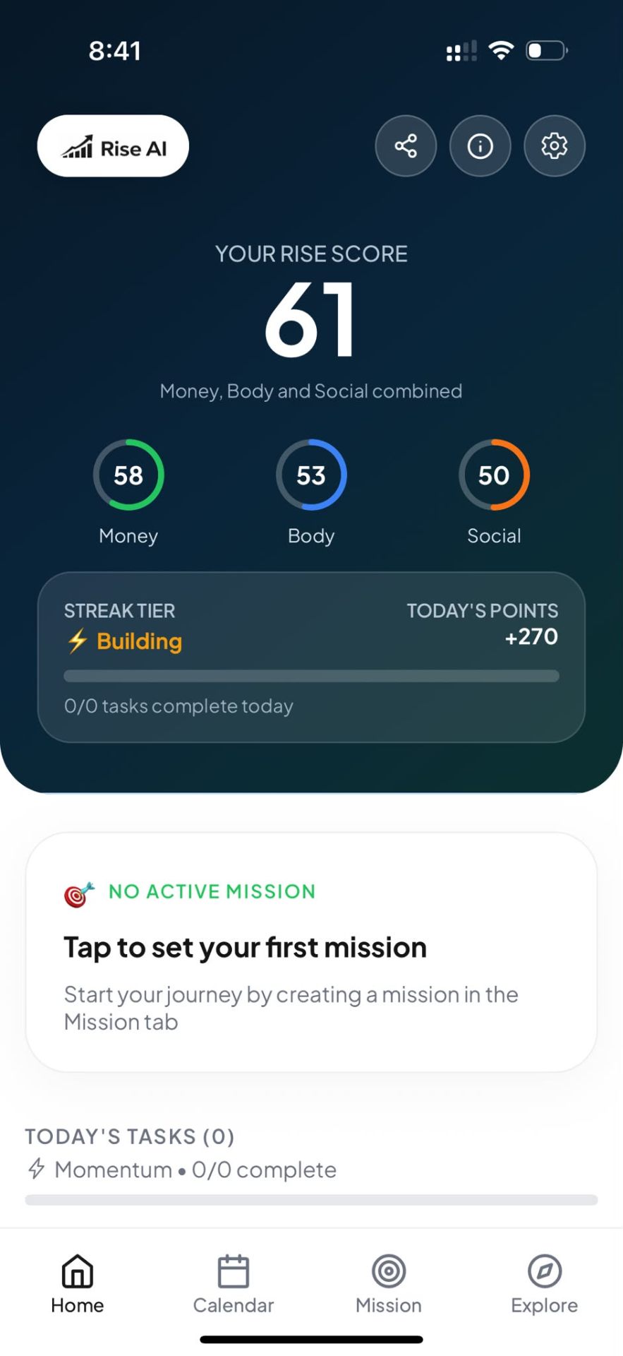 Rise AI home dashboard